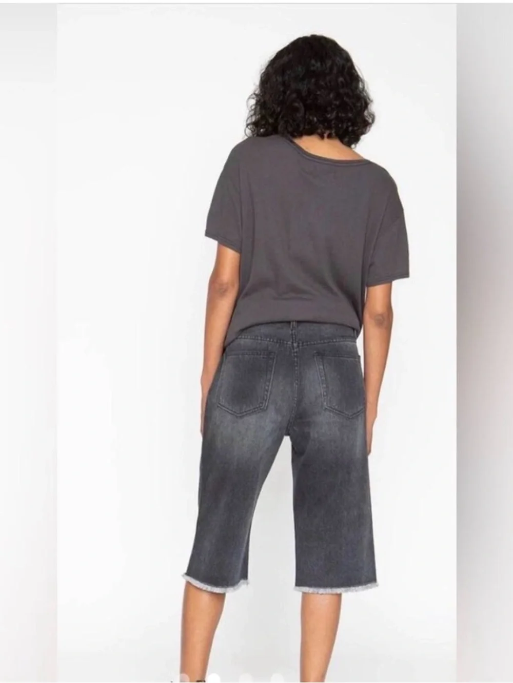 SR Sandrine Rose Bermuda Cropped Distressed Black Denim Long Jeans Shorts 25